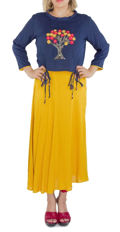 Mustard Color Kurti With Navy Blue Crop Top Crop Top Seamless Stretchy