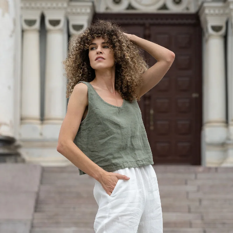 Linen Crop Top Ana Stone Green Polka Dot Checkered Tartan