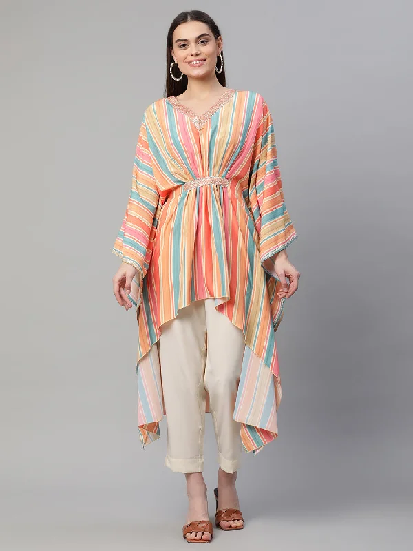 Women's Multi Color Kaftan Kurta With Trousers By Ahalyaa (2Pcs Set) Trousers Occasion Special Women's Multi Color Kaftan Kurta With Trousers By Ahalyaa (2Pcs Set) Trousers Occasion Special