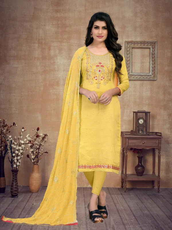 Women's Yellow Chanderi Silk Embroidered Kurta With Trouser & Dupatta - Aastha Fashion Trousers trendy modern Women's Yellow Chanderi Silk Embroidered Kurta With Trouser & Dupatta - Aastha Fashion Trousers trendy modern