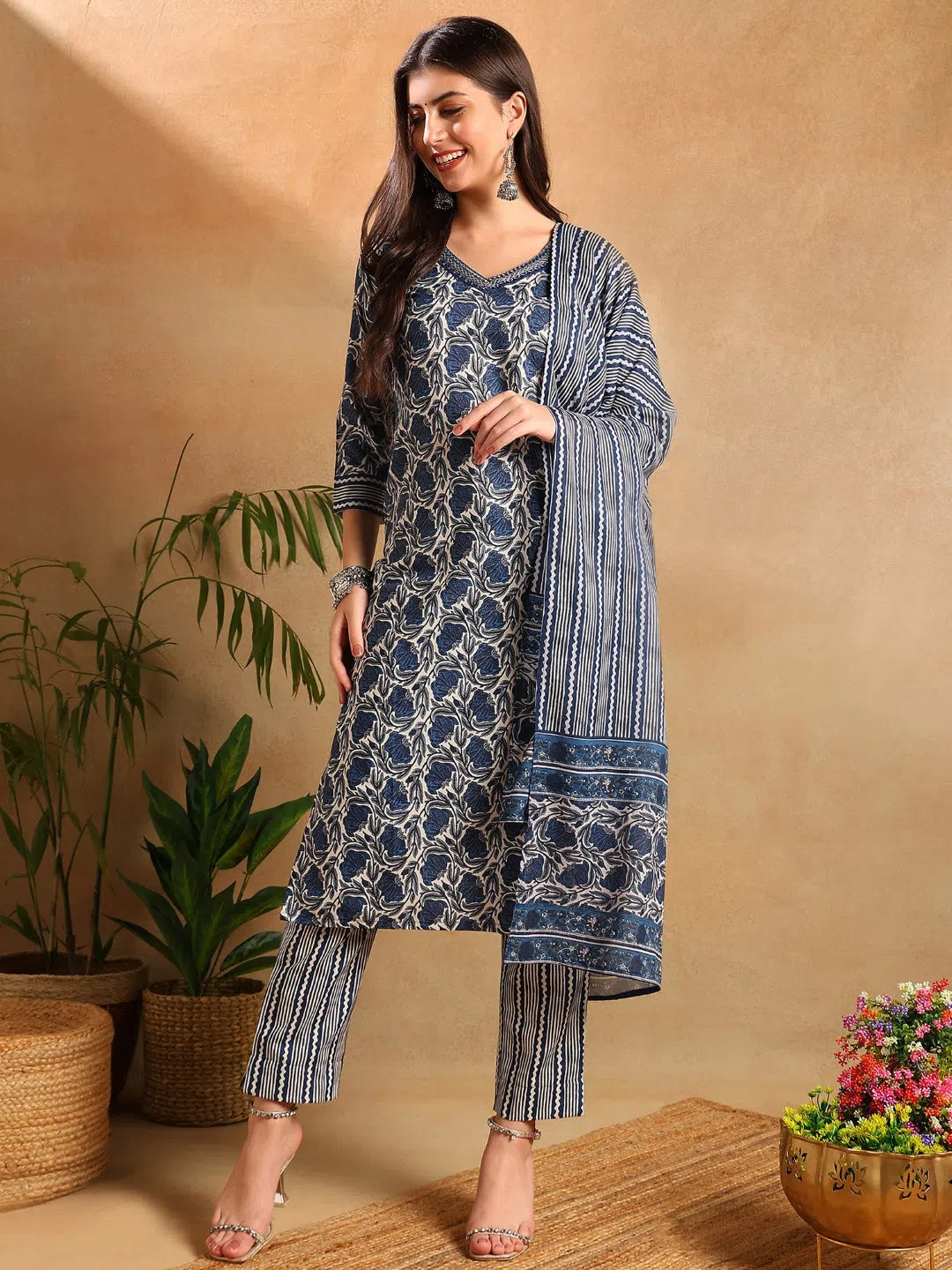 Ahika Women Blue Poly Rayon Floral Printed Straight Kurta Trousers With Dupatta-PKSKD2565WHT Trousers Solid Black Ahika Women Blue Poly Rayon Floral Printed Straight Kurta Trousers With Dupatta-PKSKD2565WHT Trousers Solid Black