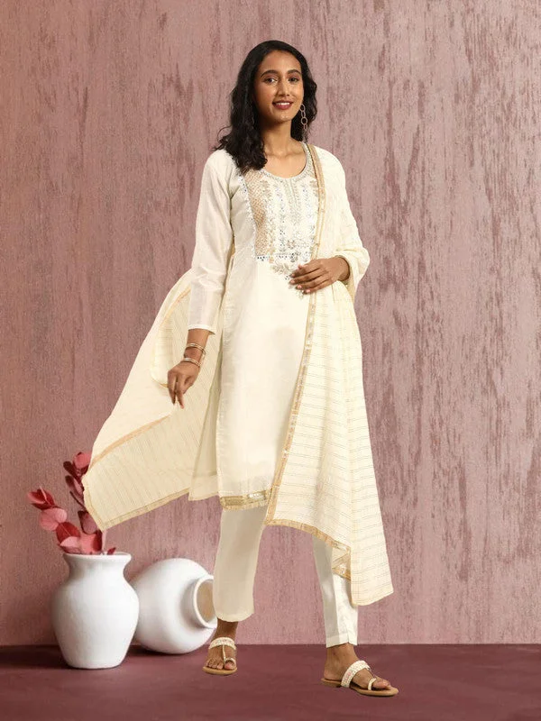 Women's White Chanderi Silk Embroidered Kurta With Trouser & Dupatta - Aastha Fashion Trousers practical durable Women's White Chanderi Silk Embroidered Kurta With Trouser & Dupatta - Aastha Fashion Trousers practical durable