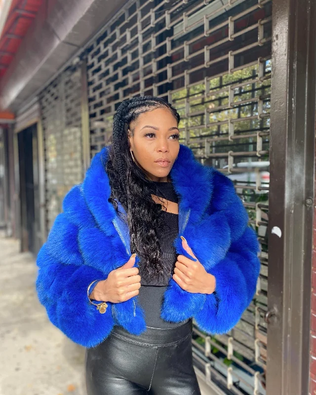 WOMEN CROP TOP- ELECTRIC BLUE FOX FUR WITH HOOD Zippered Front Buttoned Front Snap Front WOMEN CROP TOP- ELECTRIC BLUE FOX FUR WITH HOOD Zippered Front Buttoned Front Snap Front