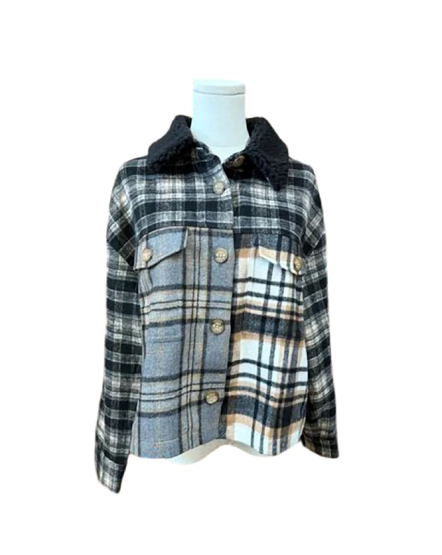 Patch Plaid Jacket In Black Rayon Fabric Velvet Fabric Corduroy Fabric