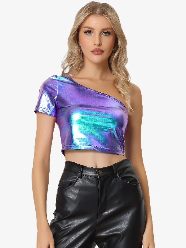 One Shoulder Shinny Holographic Clubwear Party Metallic Crop Top Elasticated Padded Insulated One Shoulder Shinny Holographic Clubwear Party Metallic Crop Top Elasticated Padded Insulated