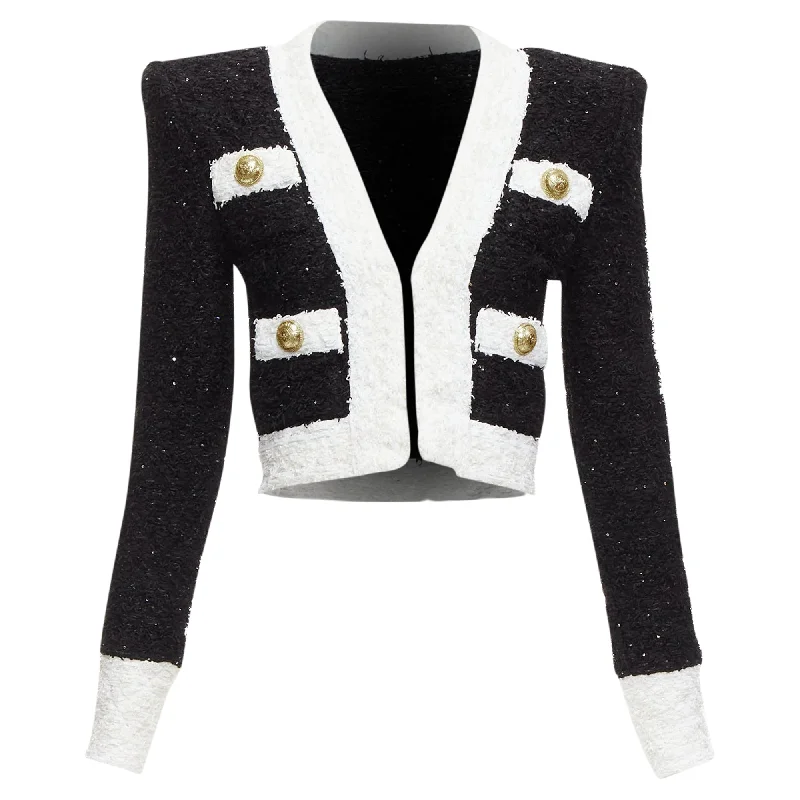 Balmain Metallic Tweed 4 Pockets Cropped Blazer Jacket Lace Jacket Ribbed Jacket Sequined Jacket