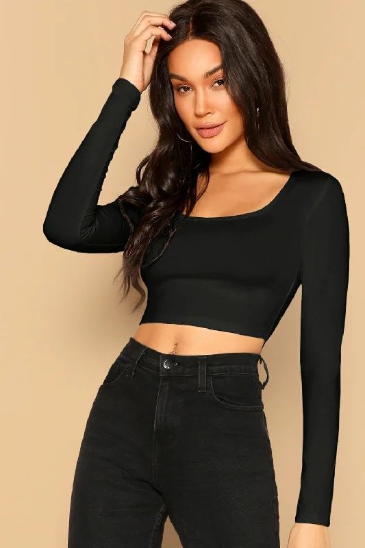 Scoop Neck Crop Top Black Spandex Blend Rayon Blend Denim Blend