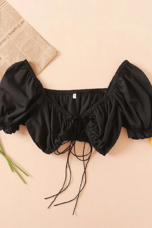 Black Sweetheart Neck Crop Top Front Pockets Side Pockets Patch Pockets