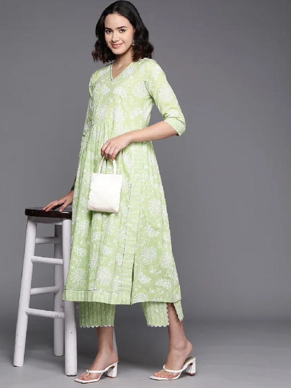 Women's Floral Printed High Slit Gotta Patti Pure Cotton Kurta With Trousers - Ahalyaa Wide Leg Loose Fit Mid Waist