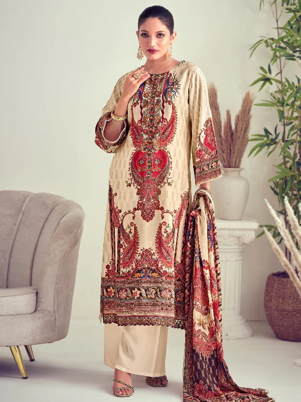 Women's Beige Muslin Floral Digital Print With Resham Thread Work Kurta With Trouser & Dupatta - Aastha Fashion Trousers Capri Summer Women's Beige Muslin Floral Digital Print With Resham Thread Work Kurta With Trouser & Dupatta - Aastha Fashion Trousers Capri Summer
