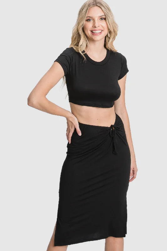 BLACK CROP TOP & SIDE SLIT ELASTIC WAIST SKIRT KNIT SET IN2028M Ribbed Striped Patterned BLACK CROP TOP & SIDE SLIT ELASTIC WAIST SKIRT KNIT SET IN2028M Ribbed Striped Patterned
