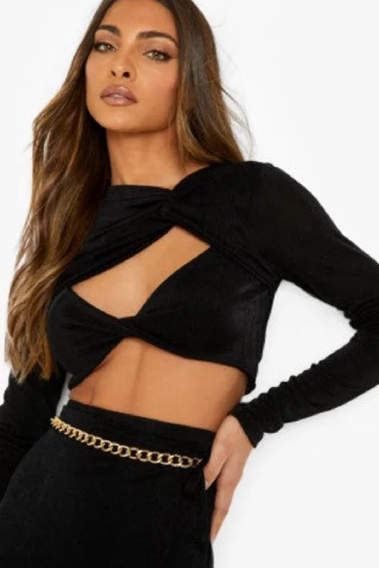 Cut Out Twist Detail Crop Top Denim Fabric Leather Fabric Suede Fabric