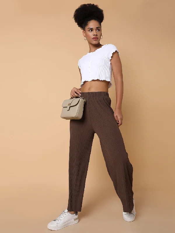 Women Flat Front Solid Brown Trousers-8826-1-Brown Trousers Running Lightweight