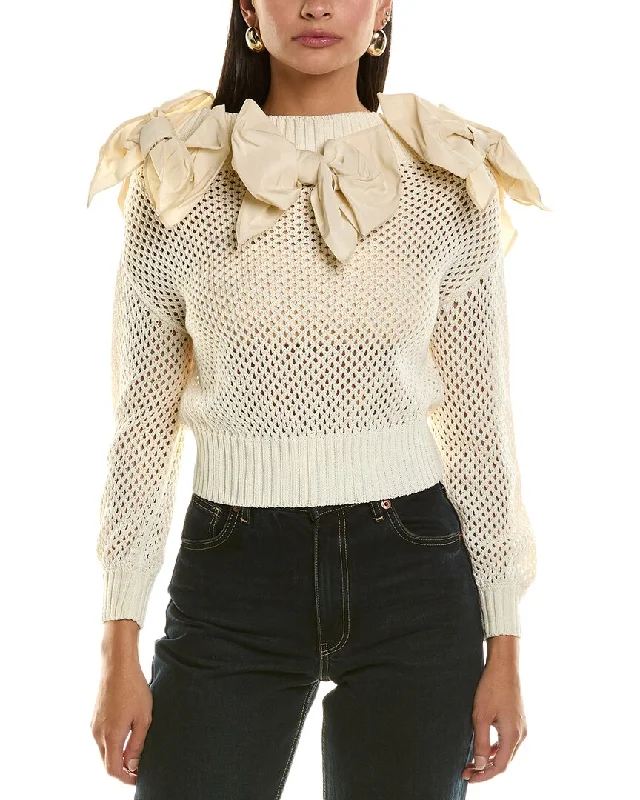 Oscar De La Renta Faille Bow Sweater Solid Print Embellished