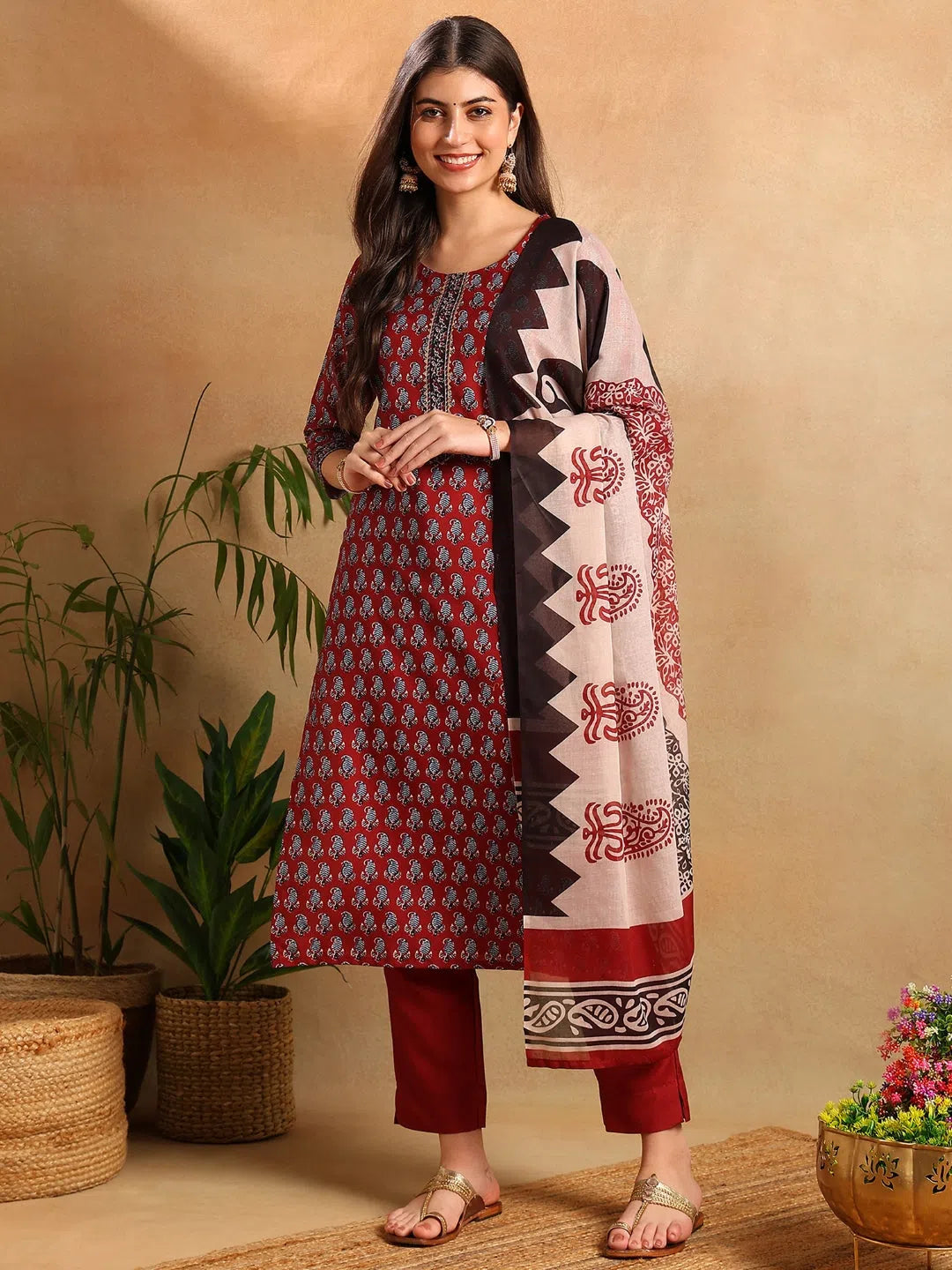 Ahika Women Maroon Rayon Blend Ethnic Motifs Printed Straight Kurta Trousers With Dupatta-VKSKD2253 Trousers Denim Blue Ahika Women Maroon Rayon Blend Ethnic Motifs Printed Straight Kurta Trousers With Dupatta-VKSKD2253 Trousers Denim Blue