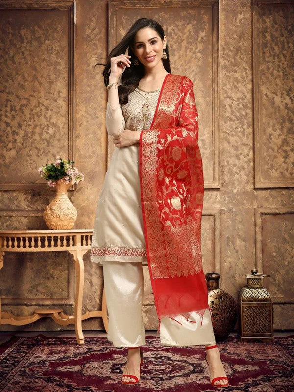 Women's Grey Chanderi Silk Embroidered Kurta With Trouser & Dupatta - Aastha Fashion Trousers versatile functional Women's Grey Chanderi Silk Embroidered Kurta With Trouser & Dupatta - Aastha Fashion Trousers versatile functional