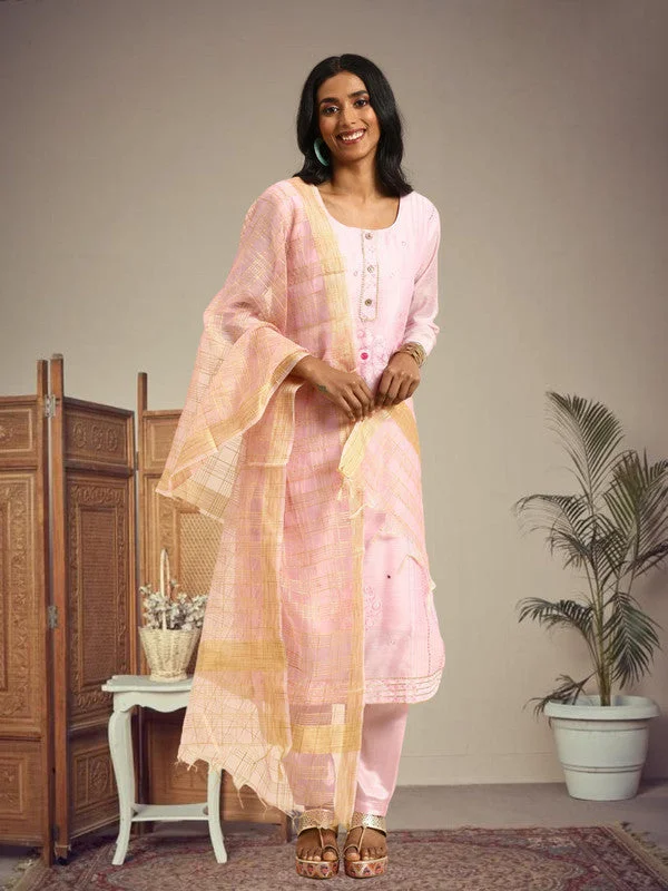 Women's Purple Chanderi Silk Embroidered Kurta With Trouser & Dupatta - Aastha Fashion Trousers sophisticated sleek Women's Purple Chanderi Silk Embroidered Kurta With Trouser & Dupatta - Aastha Fashion Trousers sophisticated sleek