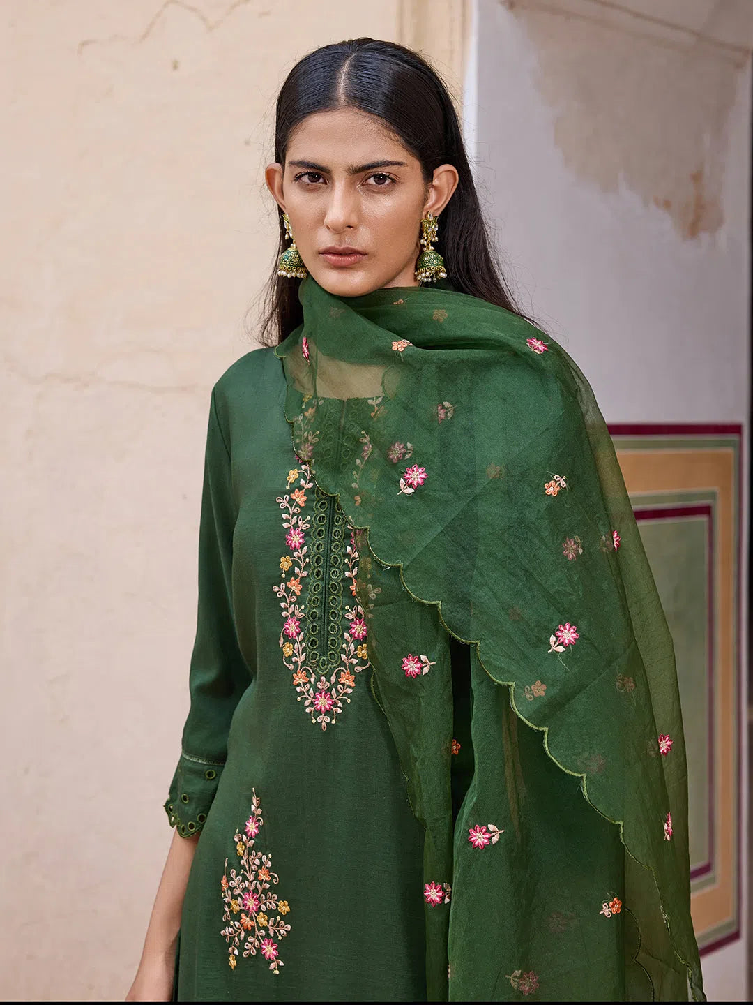 Ahika Women Green Silk Blend Solid Embroidered Straight Kurta Trouser With Dupatta-PKSKD2635 Trousers Cargo pockets