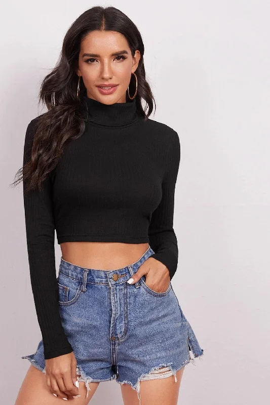 Funnel Neck Black Crop Top Chenille Fabric Brocade Fabric Lace Fabric
