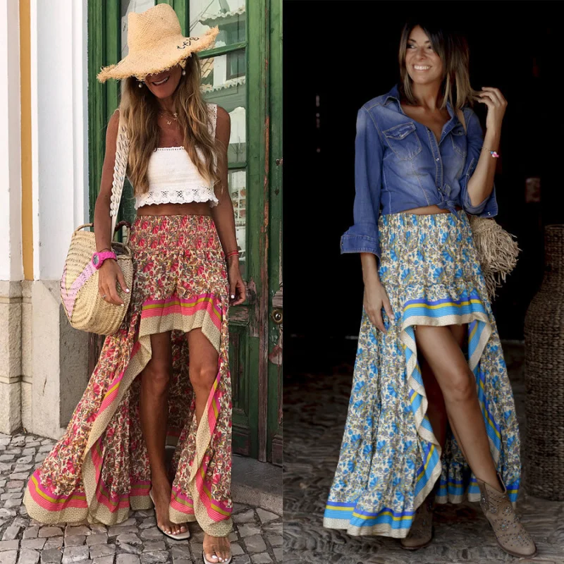 Women'S Casual Bohemian Floral Print Vacation High Waist Irregular Skirt pencil skirt chic