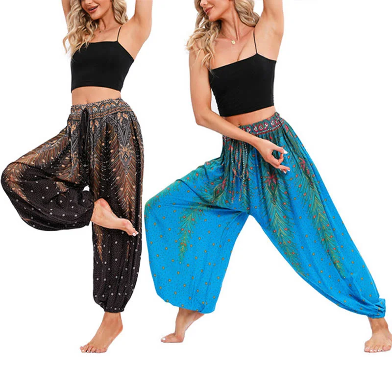 Buddha Stones Peacock Feather Pattern Loose Harem Trousers Women's Yoga Pants Trousers New Arrival Buddha Stones Peacock Feather Pattern Loose Harem Trousers Women's Yoga Pants Trousers New Arrival