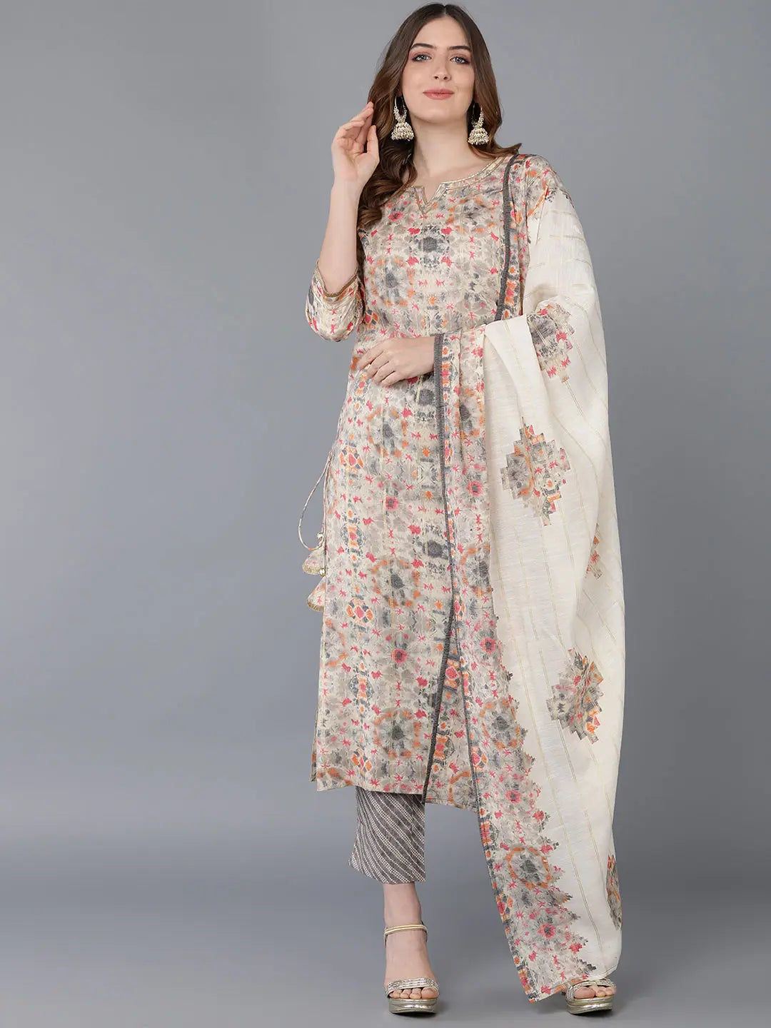 Ahika Women Beige Poly Silk Kurta Trousers With Dupatta Trousers Canvas Durable