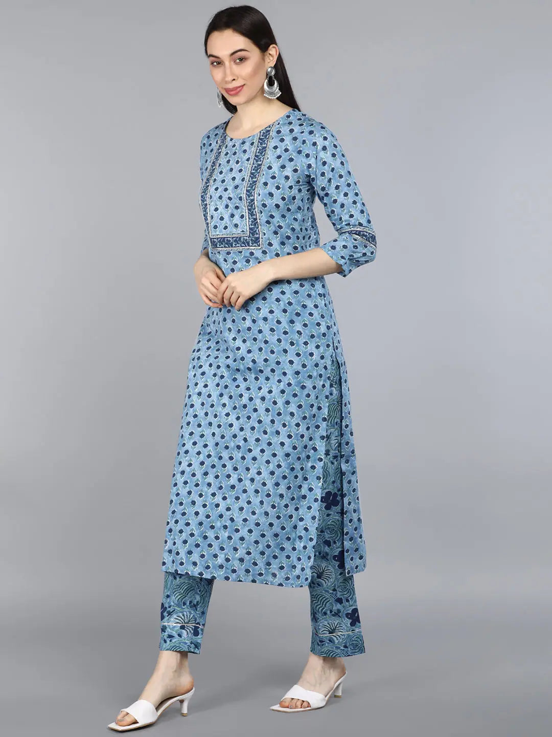 Ahika Women Blue Floral Printed Pure Cotton Kurta With Trousers With Dupatta Trousers Occasion Special Ahika Women Blue Floral Printed Pure Cotton Kurta With Trousers With Dupatta Trousers Occasion Special