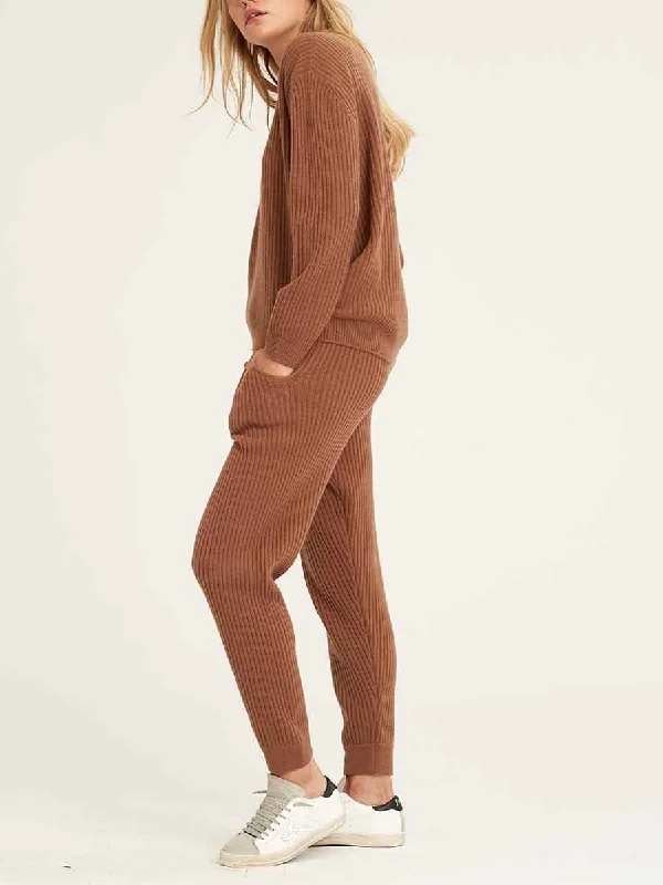 Casual Solid Color Round Neck Pocket Trousers Knit Suit Trousers Striped Patterned