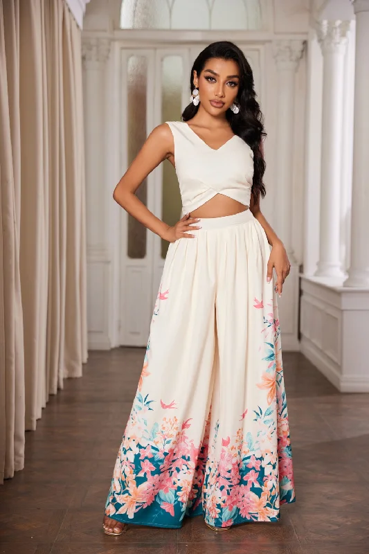 IVORY FLORAL SLEEVELESS CROP TOP AND WIDE FLARE LEG PANTS SET CS33148 Front Pockets Side Pockets Patch Pockets IVORY FLORAL SLEEVELESS CROP TOP AND WIDE FLARE LEG PANTS SET CS33148 Front Pockets Side Pockets Patch Pockets