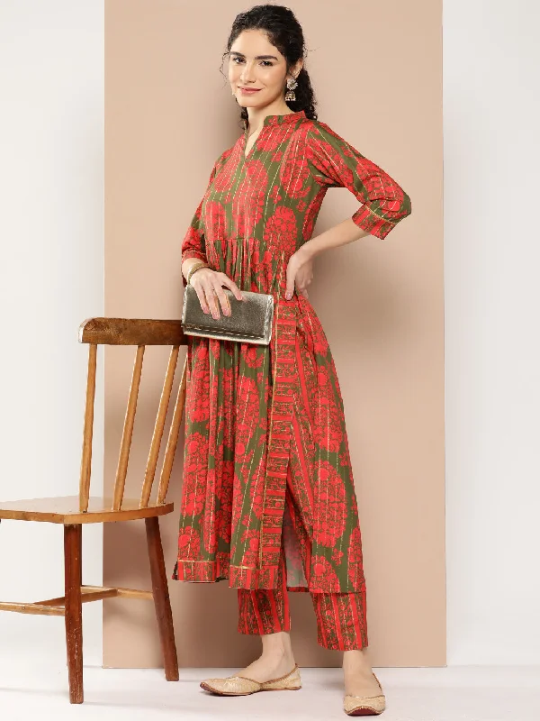 Women's Floral Printed Pleated Gotta Patti Kurta With Trousers - Ahalyaa Trousers Fleece Cozy