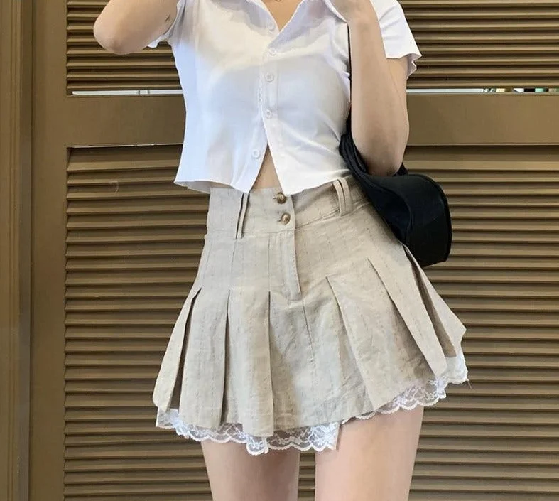 Lace Trim High Waisted Pleated Mini Skirt | Khaki Skirts For Girls | Casual Skirt | Preppy Style Short Skirts | Women Front Button Up Skirts denim skirt classic Lace Trim High Waisted Pleated Mini Skirt | Khaki Skirts For Girls | Casual Skirt | Preppy Style Short Skirts | Women Front Button Up Skirts denim skirt classic