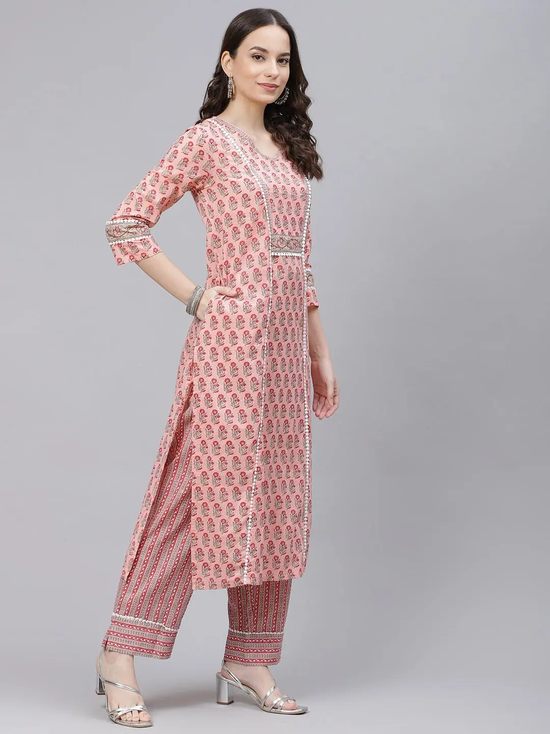 Ahika Women Peach Coloured Green Printed Cotton Kurta With Trousers Dupatta Trousers Handmade Artisanal Ahika Women Peach Coloured Green Printed Cotton Kurta With Trousers Dupatta Trousers Handmade Artisanal
