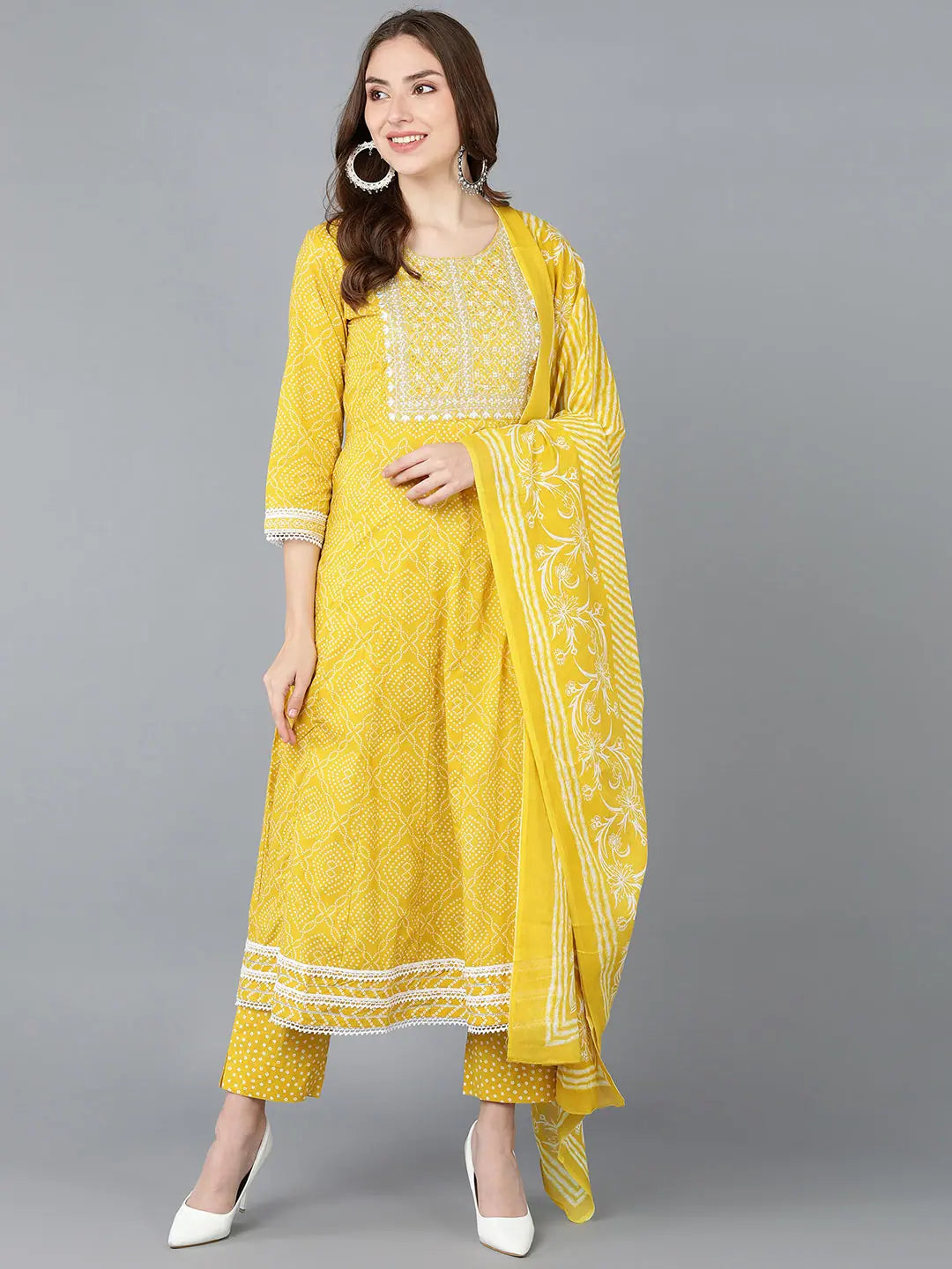 Ahika Women Yellow Pure Cotton Kurta Trousers With Dupatta Trousers Formal Black
