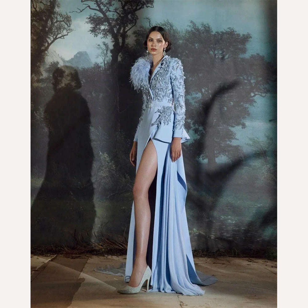Ostrich Feather Wrap Women Long Prom Dress With Belt Luxury Appliqued Beads Evening Party Gowns Side Split Jacket Custom Made Bomber Jacket Anorak Windbreaker Ostrich Feather Wrap Women Long Prom Dress With Belt Luxury Appliqued Beads Evening Party Gowns Side Split Jacket Custom Made Bomber Jacket Anorak Windbreaker