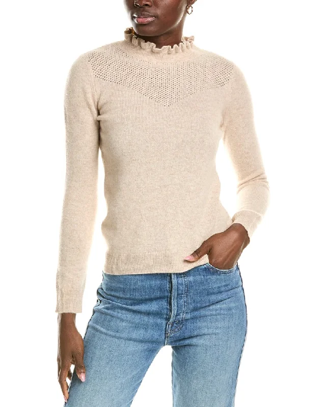 Sofiacashmere Ruffle Mock Neck Mesh Stitch Cashmere Sweater Zippered Buttoned Snapped Sofiacashmere Ruffle Mock Neck Mesh Stitch Cashmere Sweater Zippered Buttoned Snapped