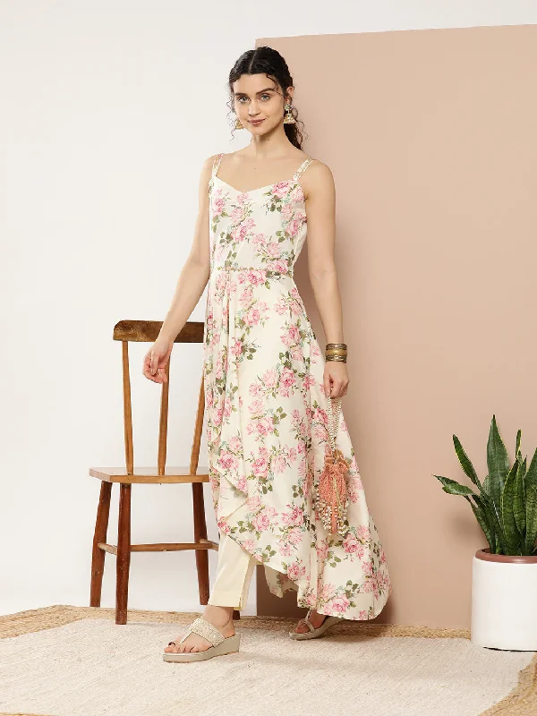 Women's Cream Poly Crepe Kurta Trousers Set - Ahalyaa Trousers Cargo Utility