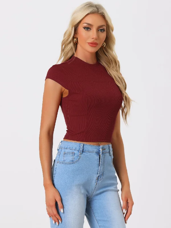 Women's Casual Crew Neck Cap Sleeves Basic Solid Crop Top Plaid Crop Top Polka Dot Checkered Women's Casual Crew Neck Cap Sleeves Basic Solid Crop Top Plaid Crop Top Polka Dot Checkered