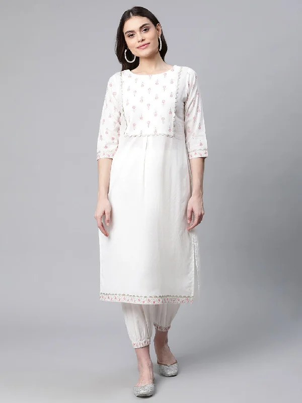 Women's Off White Pure Cotton Printed Floral Kurta With Trousers - Ahalyaa Trousers Business Professional Women's Off White Pure Cotton Printed Floral Kurta With Trousers - Ahalyaa Trousers Business Professional