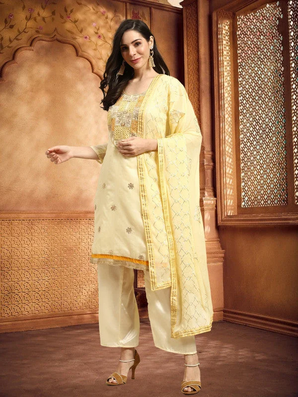Women's Cream Chanderi Silk Embroidered Kurta With Trouser & Dupatta - Aastha Fashion Trousers chic elegant Women's Cream Chanderi Silk Embroidered Kurta With Trouser & Dupatta - Aastha Fashion Trousers chic elegant