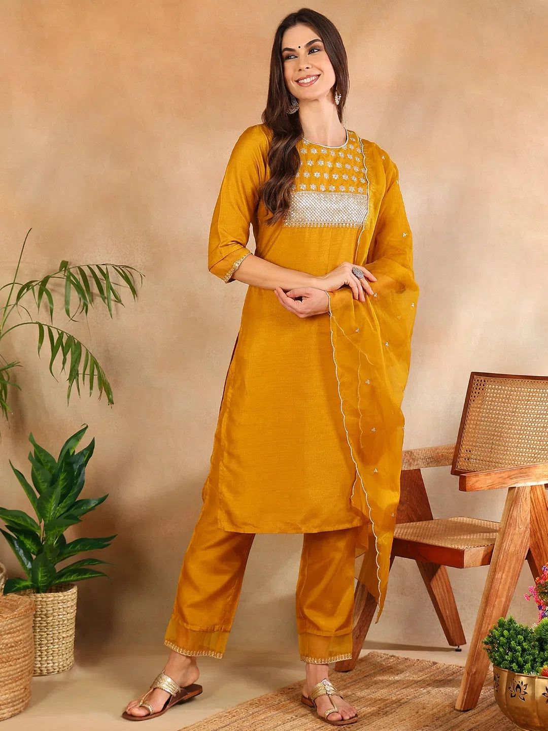 Ahika Women Mustard Poly Silk Yoke Design Kurta Trousers With Dupatta Trousers Low Rise Relaxed Ahika Women Mustard Poly Silk Yoke Design Kurta Trousers With Dupatta Trousers Low Rise Relaxed