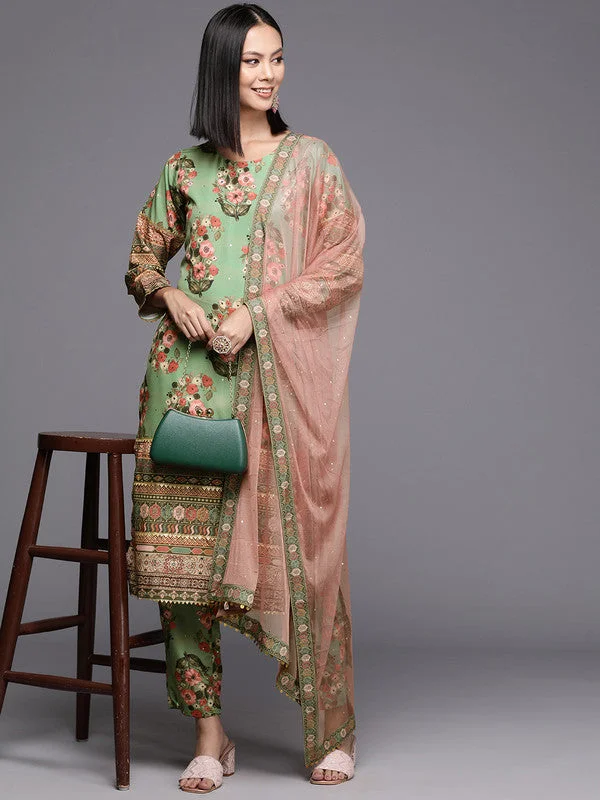 Women's Floral Printed Regular Kurta With Trousers & With Dupatta - Ahalyaa Trousers Summer Linen Women's Floral Printed Regular Kurta With Trousers & With Dupatta - Ahalyaa Trousers Summer Linen