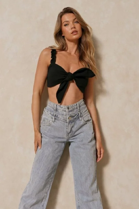 Tie Knot Front Sweetheart Crop Top In Black Fleece Fabric Down Fabric Feather Fabric