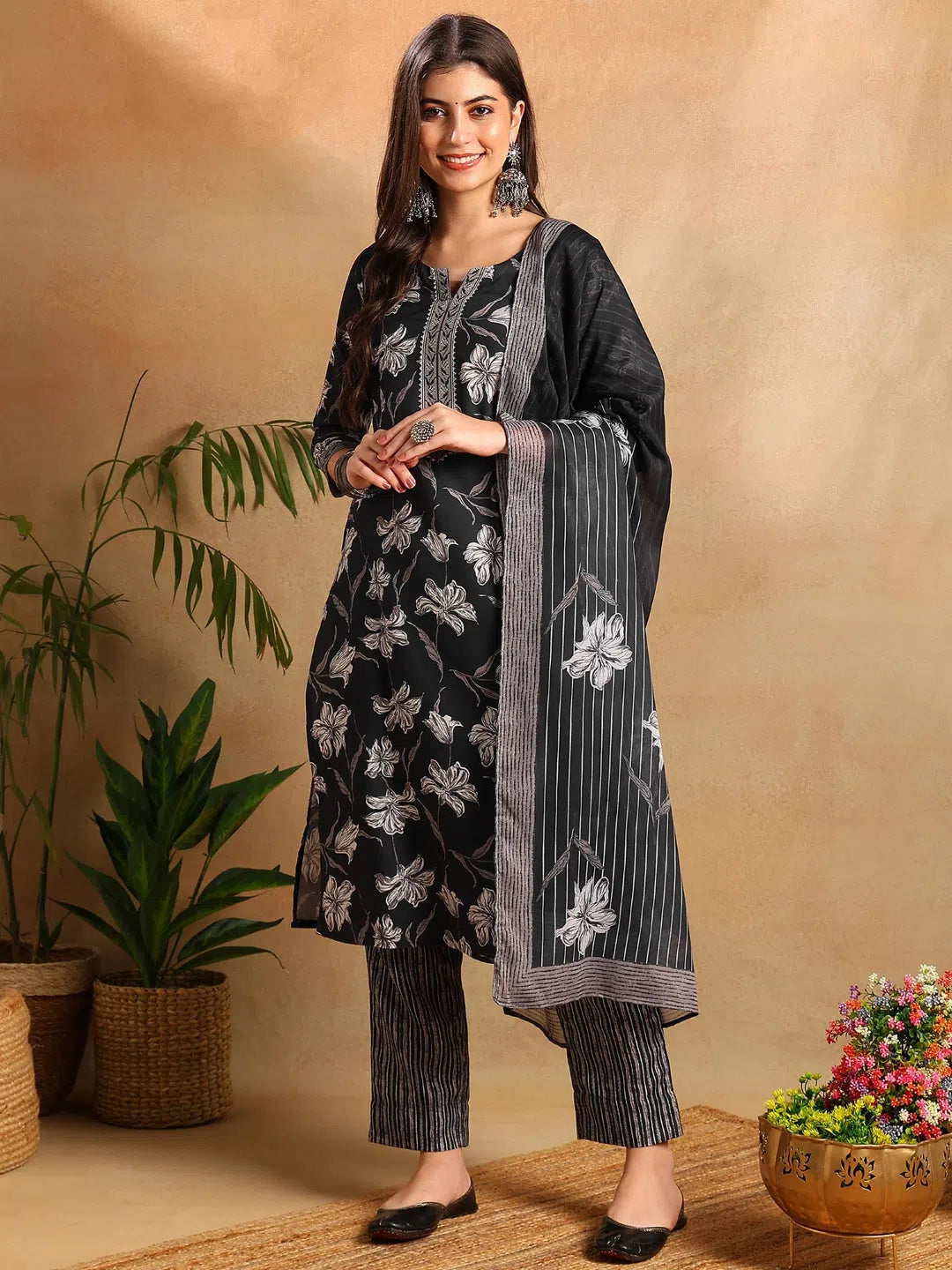 Ahika Women Black Rayon Blend Floral Printed Straight Kurta Trousers With Dupatta-VKSKD2267 Trousers Silk Elegant Ahika Women Black Rayon Blend Floral Printed Straight Kurta Trousers With Dupatta-VKSKD2267 Trousers Silk Elegant
