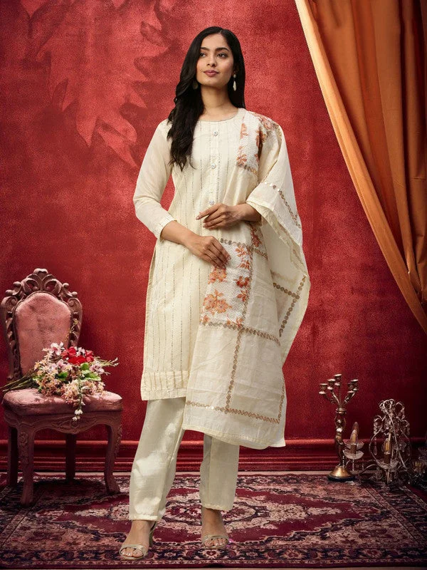 Women's Off White Chanderi Embroidered Kurta With Trouser & Dupatta - Aastha Fashion Trousers sophisticated sleek Women's Off White Chanderi Embroidered Kurta With Trouser & Dupatta - Aastha Fashion Trousers sophisticated sleek