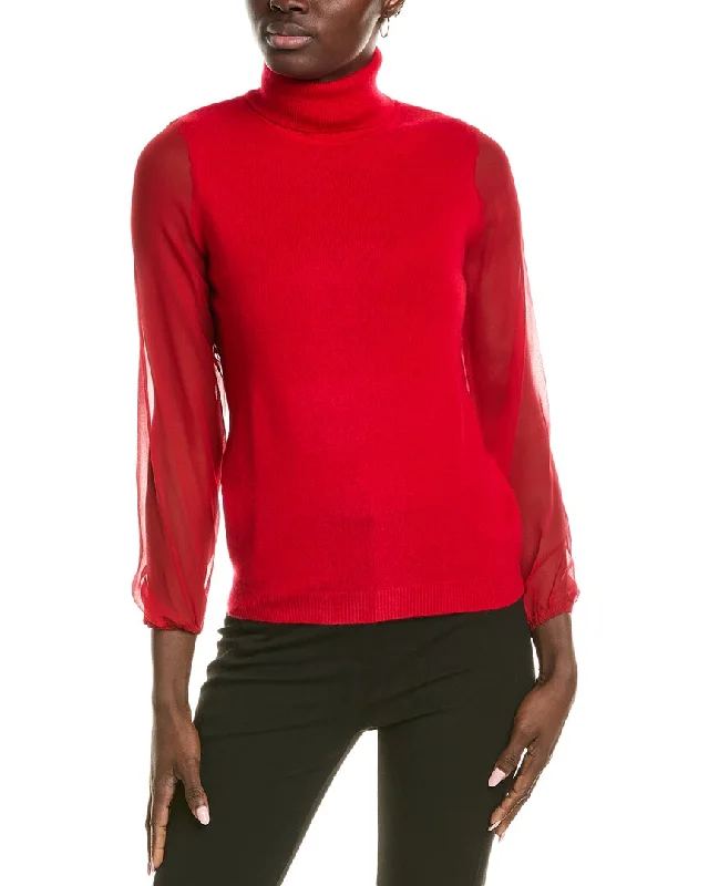 Sofiacashmere Chiffon Silk Sleeve Turtleneck Cashmere Sweater Mesh Blend Leather Blend Suede Blend