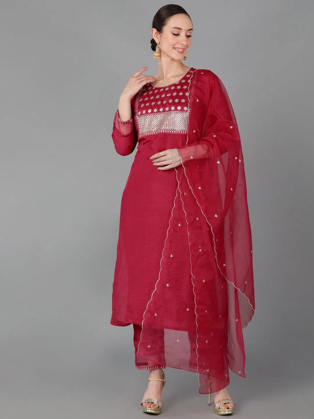 Ahika Women Red Poly Silk Yoke Design Kurta Trousers With Dupatta Trousers High Rise Slim Fit Ahika Women Red Poly Silk Yoke Design Kurta Trousers With Dupatta Trousers High Rise Slim Fit
