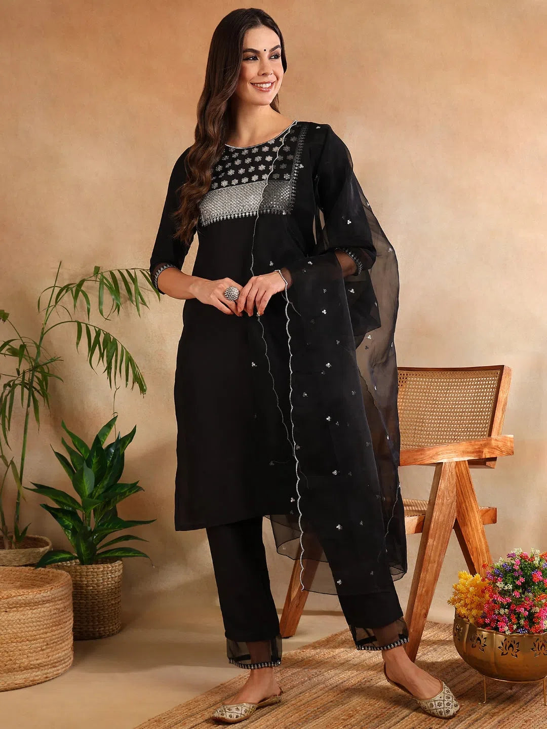 Ahika Women Black Poly Silk Yoke Design Kurta Trousers With Dupatta Trousers Flared Retro Ahika Women Black Poly Silk Yoke Design Kurta Trousers With Dupatta Trousers Flared Retro