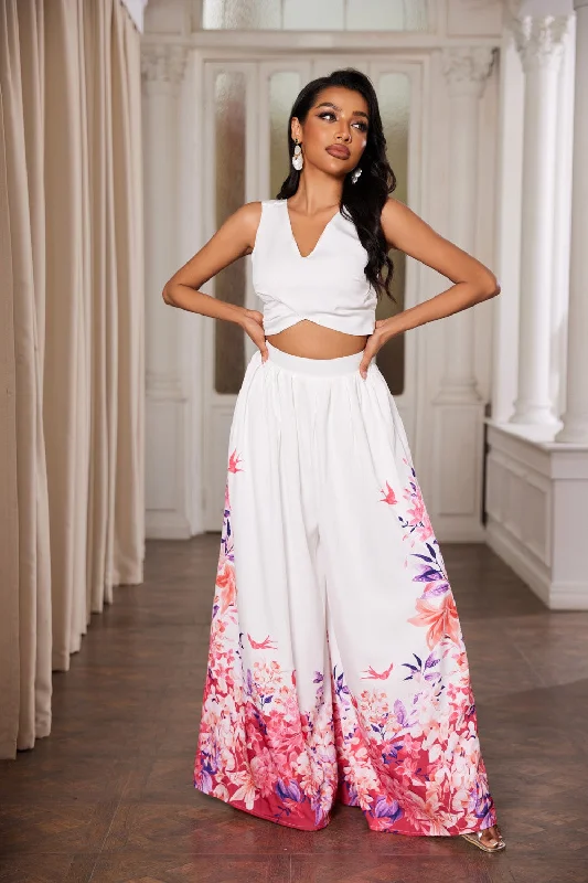 WHITE FLORAL SLEEVELESS CROP TOP AND WIDE FLARE LEG PANTS SET CS33148 Notch Collar Peter Pan Collar Cowl Neck WHITE FLORAL SLEEVELESS CROP TOP AND WIDE FLARE LEG PANTS SET CS33148 Notch Collar Peter Pan Collar Cowl Neck