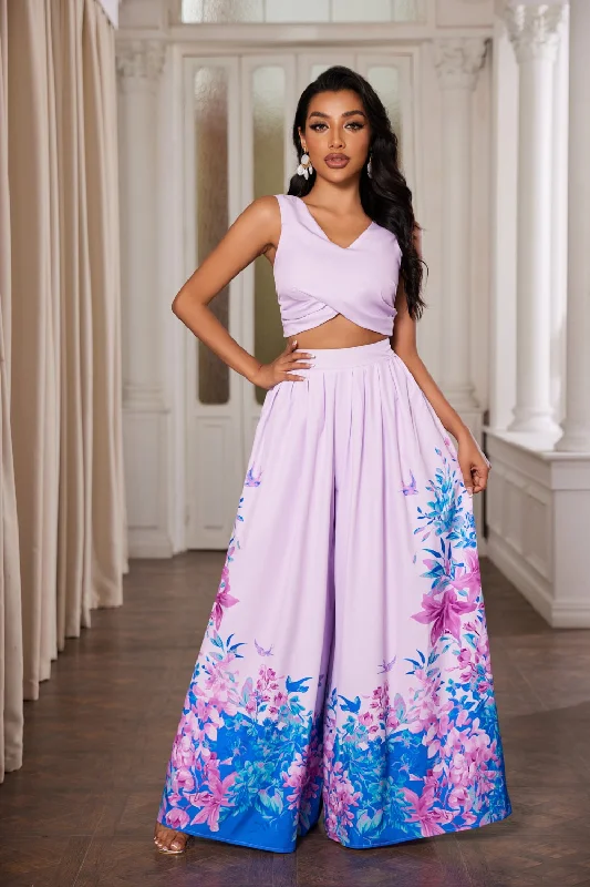 LILAC FLORAL SLEEVELESS CROP TOP AND WIDE FLARE LEG PANTS SET CS33148 Zippered Front Buttoned Front Snap Front LILAC FLORAL SLEEVELESS CROP TOP AND WIDE FLARE LEG PANTS SET CS33148 Zippered Front Buttoned Front Snap Front