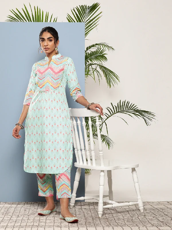 Women's Sky Blue Poly Crepe Kurta Trousers Set - Ahalyaa Trousers luxurious premium